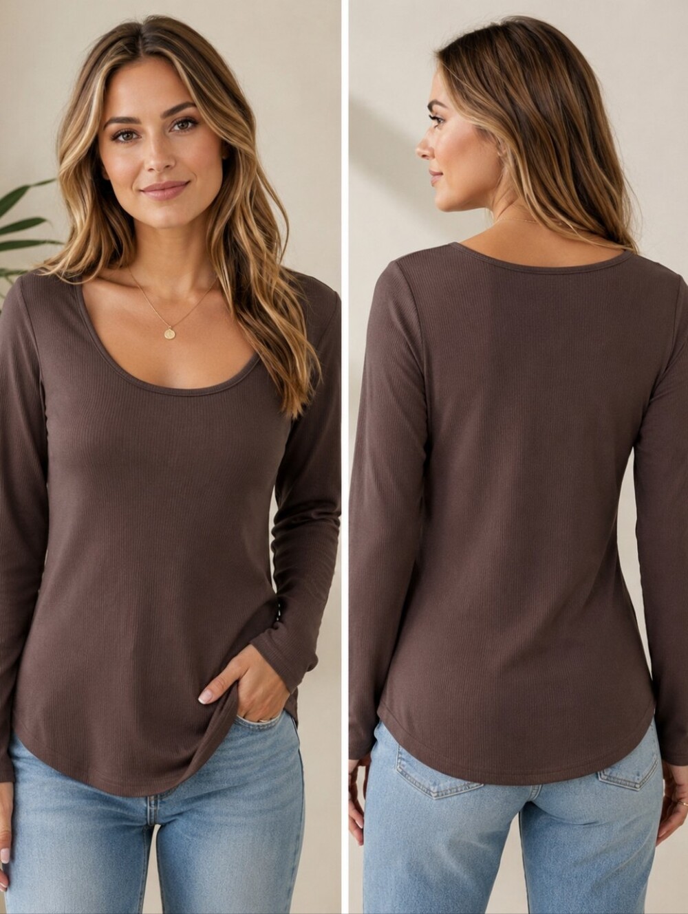 Huukey Brown Ribbed Scoop Neck Top NWT Large